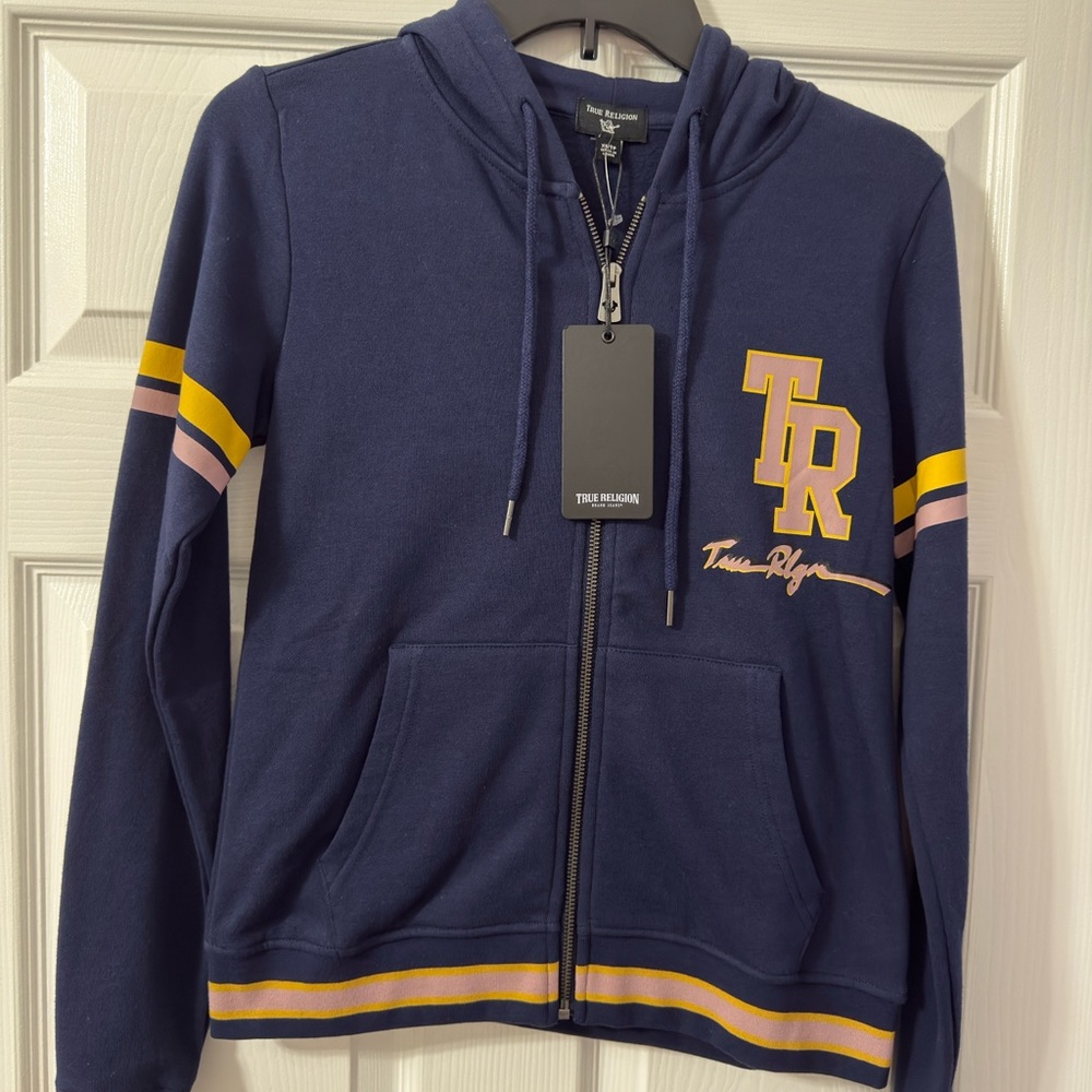 True Religion Blue Hoodie with Yellow Detail